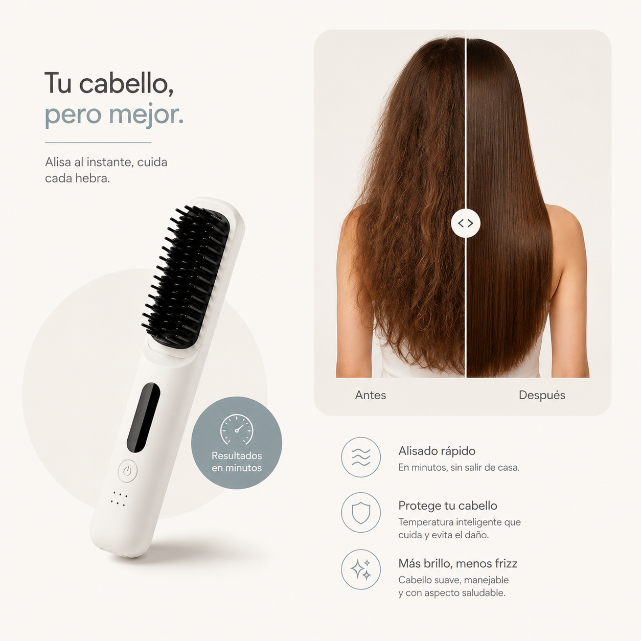 Cepillo Alisador Inalámbrico — Cabello Liso y Sin Frizz