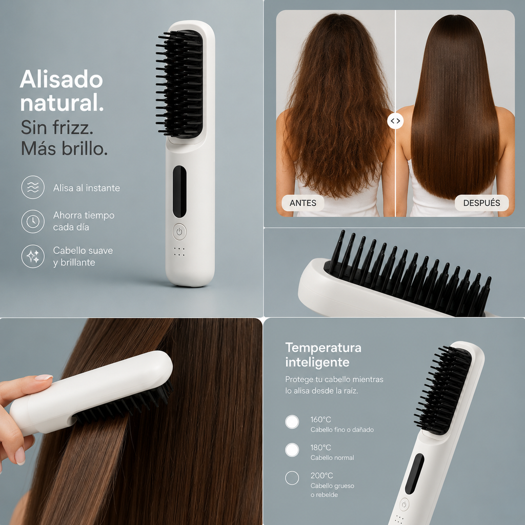 Cepillo Alisador Inalámbrico — Cabello Liso y Sin Frizz